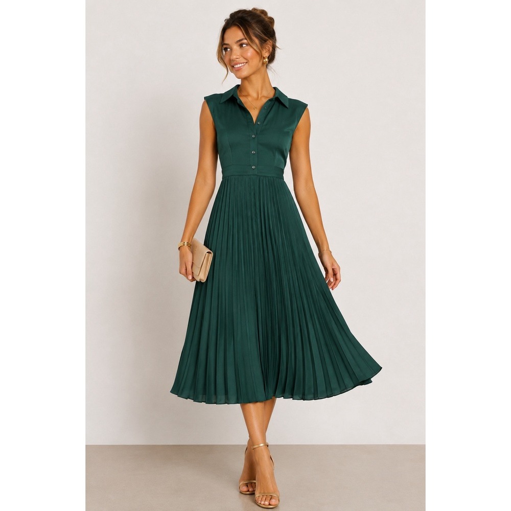 J. Crew Stunning Emerald Green Pleated Midi Dress Sleeveless 2 Classic Wedding